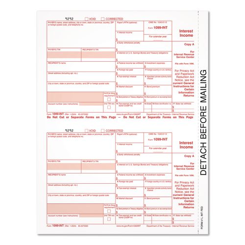 2024 1099 INT Interest Income Tax Form, 2 Forms/Sheet, 50 Forms Total