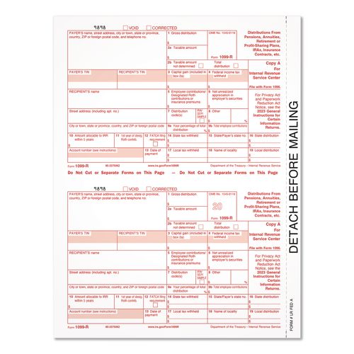 2023 1099-R Tax Form, 1 Part, Federal Copy, 2 Forms/Sheet, 50 Forms Total