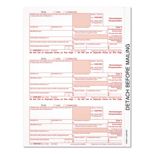 2024 1099-NEC Copy A Laser/Inkjet Tax Forms, 8.5 x 11.5, 3 Forms/Page, 150 Forms/Sheet