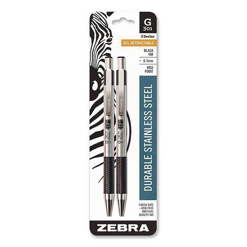 G-301 Gel Pen, Retractable, Medium 0.7 mm, Black Ink, Stainless Steel/Black Barrel, 2/Pack