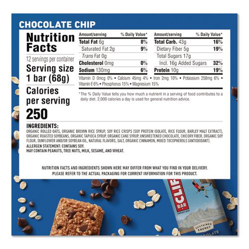Energy Bar, Chocolate Chip, 2.4 oz, 12/Box
