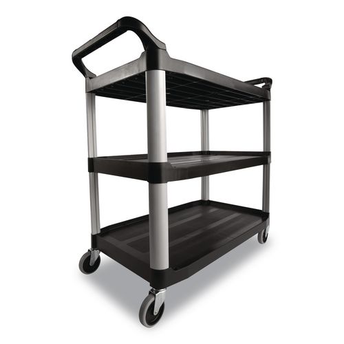 Xtra Utility Cart with Open Sides, Plastic, 3 Shelves, 300 lb Capacity, 40.63" x 20" x 37.81", Black