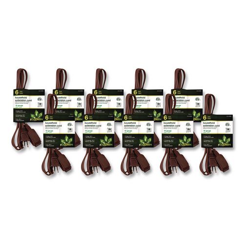 Household Extension Cord, 6 ft, 13 A, Brown, 10/Pack