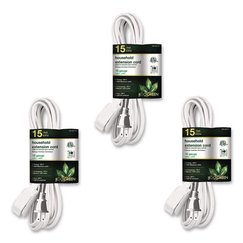 Household Extension Cord, 15 ft, 13 A, White, 3/Pack
