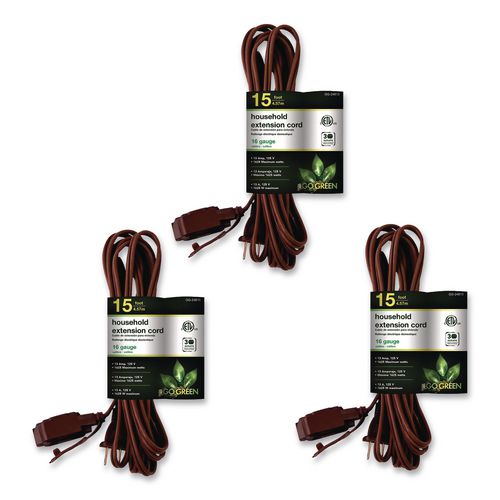 Household Extension Cord, 15 ft, 13 A, Brown, 3/Pack