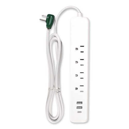 Four-Outlet Surge Protector with Three USB Ports, 4 ft Cord Length Cord, 450 J, White