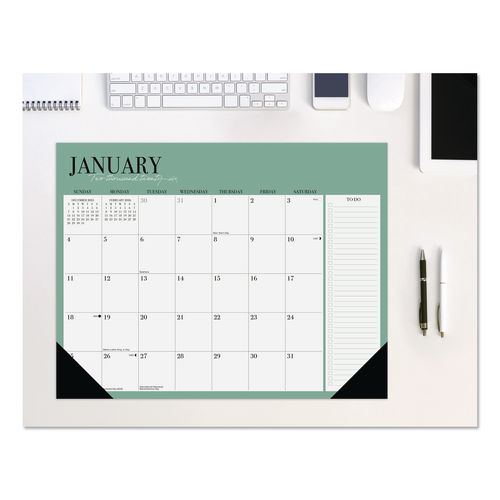 Modern Minimalist Large Monthly Desk Pad Calendar, 22x17, White/Teal Sheets, Black Headband/Corners, 12-Month (Jan-Dec) 2026