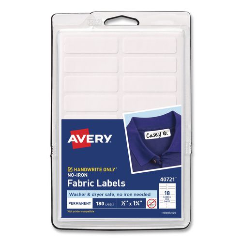 No-Iron Fabric Labels, Handwrite Only, 0.5 x 1.75, White, 18/Sheet, 10 Sheets/Pack