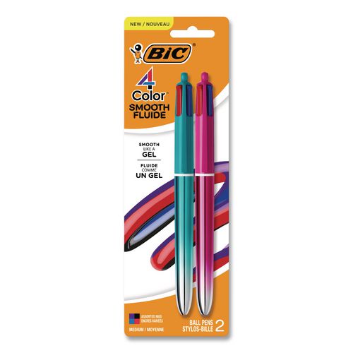 4-Color Smooth Multi-Color Ballpoint Pen, Retractable, Medium 1 mm, Black/Blue/Purple/Red Ink, Assorted Barrel Colors, 2/Pack