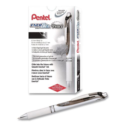 EnerGel Pearl Deluxe RTX Gel Pen, Retractable, Medium 0.7 mm, Black Ink, Pearl White/Smoke Barrel, Dozen