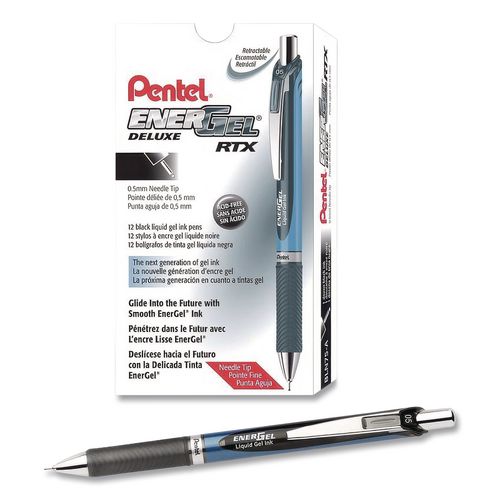 EnerGel RTX Deluxe Gel Pen, Retractable, Fine 0.5 mm, Black Ink, Black/Blue Barrel, Dozen