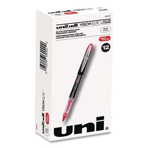 VISION ELITE Rollerball Pen, Stick, Micro 0.5 mm, Red Ink, Black/Red/Clear Barrel, Dozen