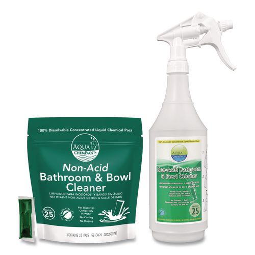 Aqua ChemPacs Non-Acid Bathroom and Bowl Cleaner Starter Pack with Empty 32 oz Spray Bottle, Lavender, 12 ChemPacs/Carton