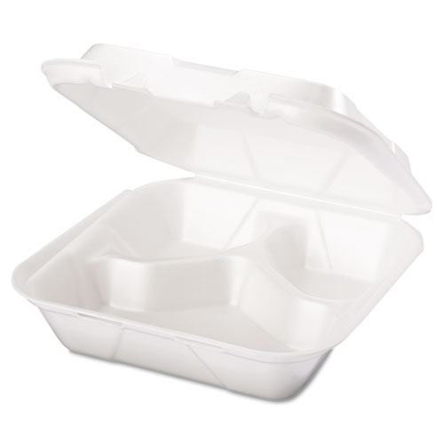 Snap It Foam Container, 3-Comp, 8 1/4 X 8 X 3, White, 100/bag, 2 Bags/carton