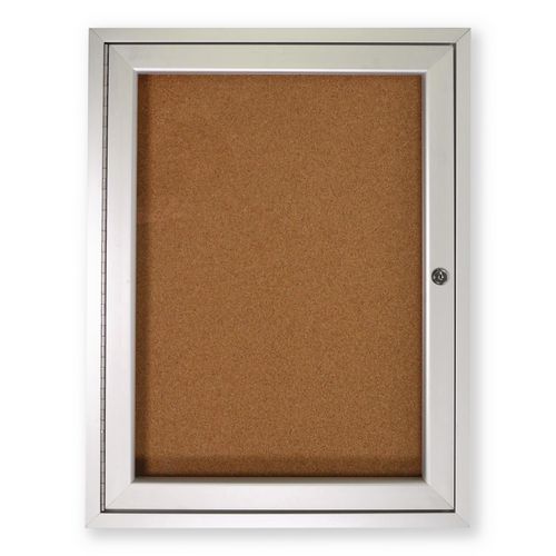 1 Door Enclosed Natural Cork Bulletin Board with Satin Frame, 18" x 24", Tan Surface, Satin Aluminum Frame