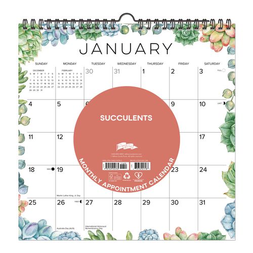 Succulents 2026 Spiral Wall Calendar, Succulents Artwork, 12 x 12, Multicolor Sheets, 12-Month (Jan to Dec): 2026