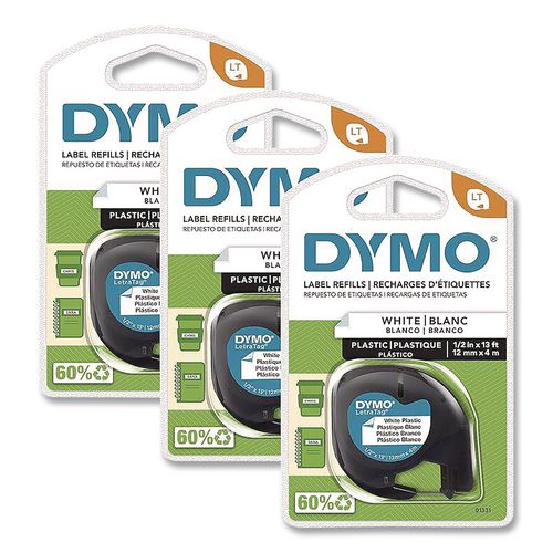 LetraTag Plastic Labels, 0.5" x 13 ft, White, 3 Cassettes/Pack