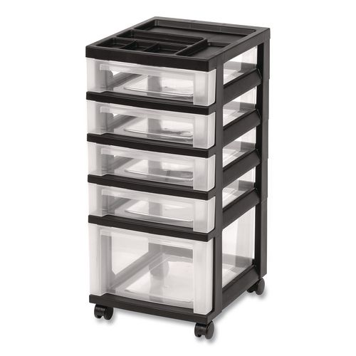 Five-Drawer Rolling Cart with Organizer Top, Plastic, 12.13 x 14.38 x 26.38, Clear/Black