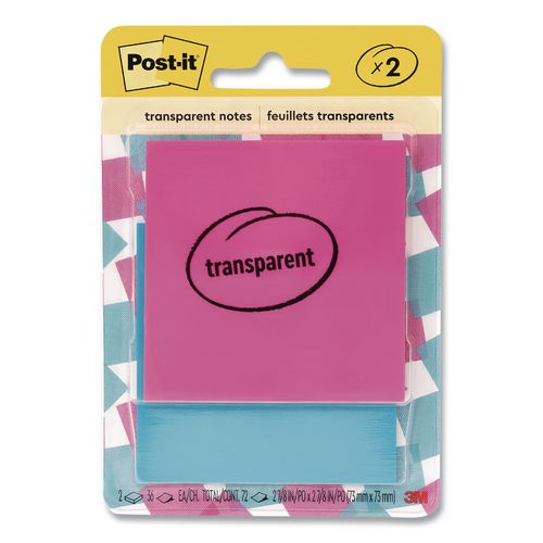 Transparent Notes, 2.88" x 2.88", Assorted Colors, 36 Sheets/Pad, 2 Pads/Pack