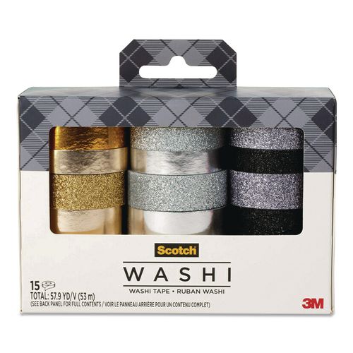 Washi Glitter Metallic Tape, Black/Gold/Silver, Assorted Sizes/Colors/Finishes, 15 Rolls/Pack