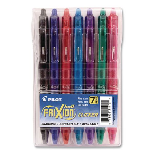 FriXion Ball Clicker Erasable Gel Pen, Retractable, Fine 0.7 mm, Assorted Ink and Barrel Colors, 7/Pack