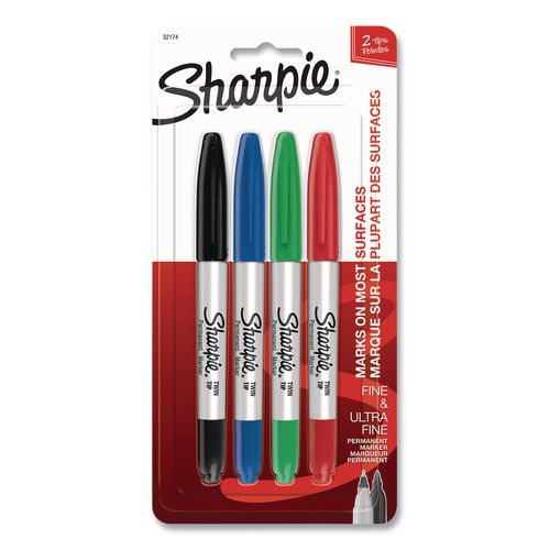 Twin-Tip Permanent Marker, Extra-Fine/Fine Tip, Assorted Colors, 4/Pack