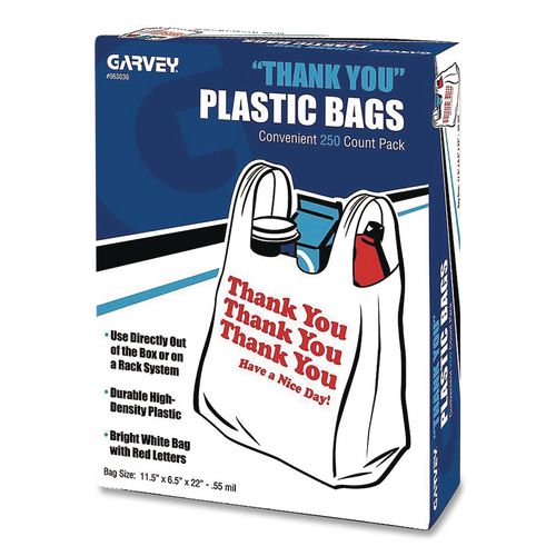 Plastic Shopping Bags, "Thank You - Have a Nice Day", Cut-Out Handles, 22 x 11.5 x 6, White/Red, 250/Box