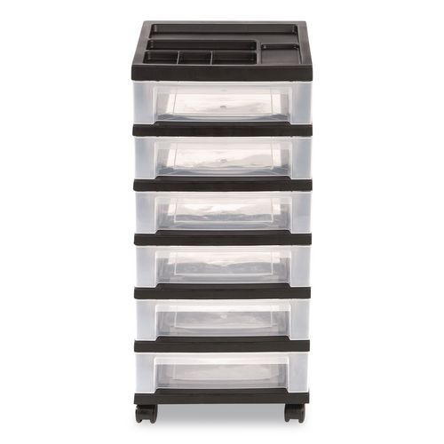 Six-Drawer Durable Storage Cart, Plastic, 15 lb Capacity, 12.13 x 14.38 x 26.38, Clear/Black