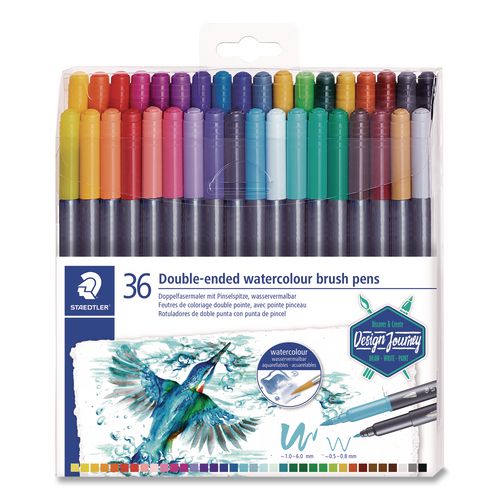 Double-Ended Watercolor Brush Pens, Fine (0.5 to 0.8 mm) and Medium (0.6 to 1 mm) Brush Tips, Assorted Colors, 36/Set