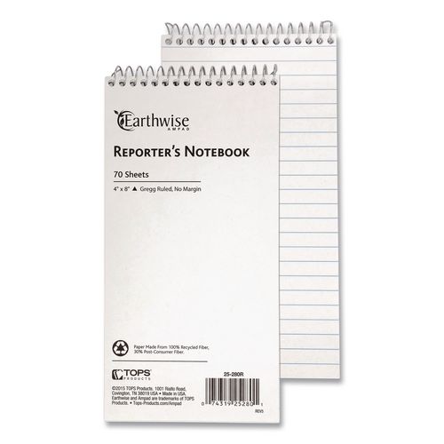 Earthwise by Ampad Recycled Reporter's Notepad, White Cover, Gregg Rule, (70) White 4 x 8 Sheets, Dozen