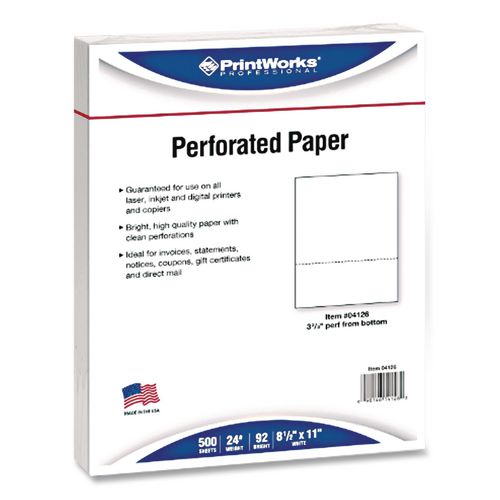 Perforated Paper, 92 Bright, Perforated 3.67 from Bottom, 24 lb Bond Weight, 8.5 x 11, White, 500 Sheets/Ream, 5 Reams/Carton