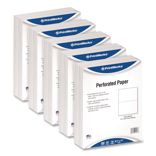 PrintWorksÂ® Professional Perforated and Punched Paper, 20 lb Bond Weight, 8.5 x 11, White, 500/Ream, 5 Reams/Carton