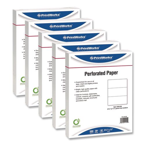 PrintWorksÂ® Professional Perforated and Punched Paper, 20 lb Bond Weight, 8.5 x 11, White, 500/Ream, 5 Reams/Carton