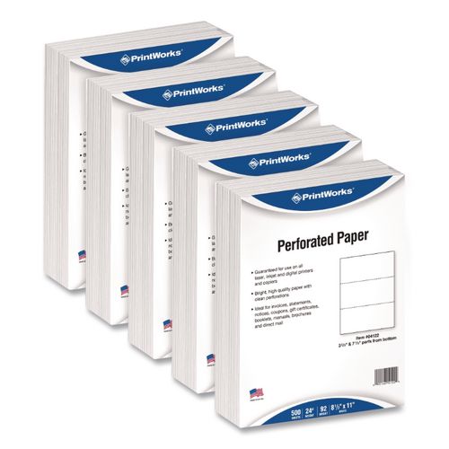 PrintWorksÂ® Professional Perforated and Punched Paper, 92 Bright, 24 lb Bond Weight, 8.5 x 11, White, 500/Ream, 5 Reams/Carton
