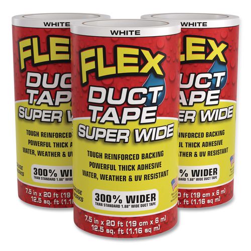 Flex Super Wide Duct Tape, 4" Core, 39 mil Thick, 7.5" x 20 ft, White, 3/Carton