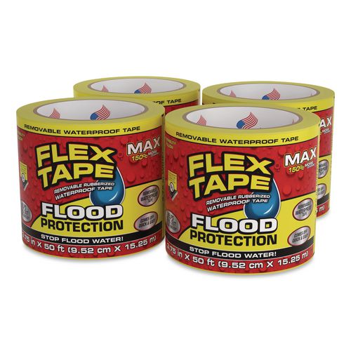Flex Tape Removable Rubberized Waterproof Flood Protection Tape, 3.75" x 50 ft, Yellow, 4/Carton
