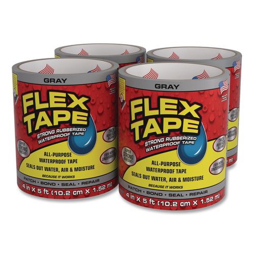 Flex Tape Strong Rubberized Waterproof Tape, 4" Core, 39 mil Thick, 4" x 5 ft, Gray, 4/Carton