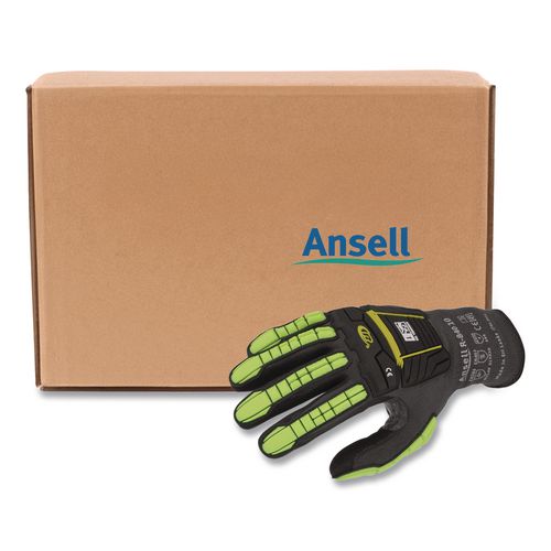 RINGERS R840 Cut and Impact Protection Gloves, EN388: 4131AP, 11" Long, X-Small (Size 5), Black/Green-Yellow, 72 Pairs