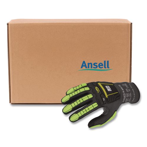 RINGERS R840 Cut and Impact Protection Gloves, EN388: 4131AP, 11" Long, X-Large (Size 9), Black/Green-Yellow, 72 Pairs