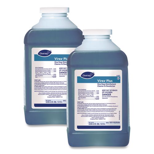 Virex Plus One-Step Disinfectant Cleaner, Unscented, 2.5 L Bottle, 2/Carton