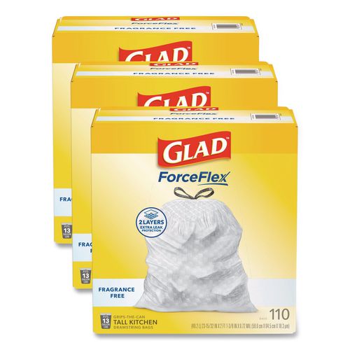 ForceFlex Kitchen Drawstring Trash Bags, Drawstring, 13 gal, Unscented, 23.47 x 25.38, White, 110 Bags/Box, 3 Boxes/Carton