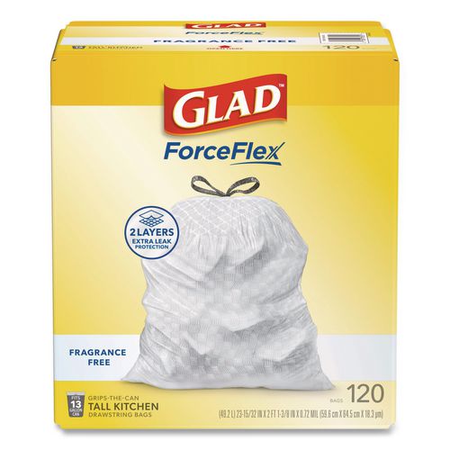 Tall Kitchen Drawstring Trash Bags with LeakGuard, 13 gal, Unscented, 23.47" x 25.38", White, 120/Box