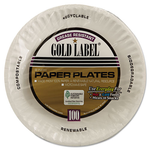 Image of Gold Label Coated Paper Plates, 9" dia, White, 100/Pack, 10 Packs/Carton