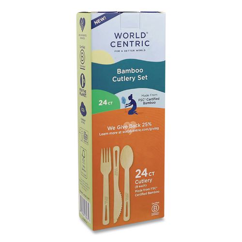 Bamboo Cutlery, Fork/Knife/Spoon, Paper, Natural, 24/Pack