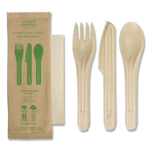 NoTree Cutlery, Light Mediumweight, Fork/Knife/Spoon/Napkin, Paper, Natural, 250/Carton
