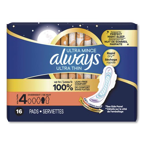 Ultra Thin Overnight Pads with Wings, Size 4, Overnight Absorbency, 16/Pack, 6 Packs/Carton