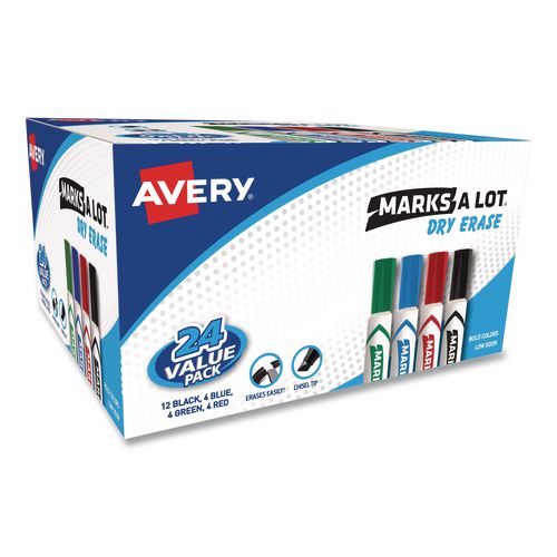 MARKS A LOT Desk-Style Dry Erase Marker Value Pack, Broad Chisel Tip, Assorted Colors, 24/Pack