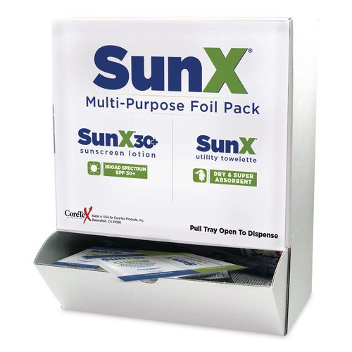 SunX30 Sunscreen Lotion and Wipe Packet with Dispenser Box, 0.25 oz, 50 Packets
