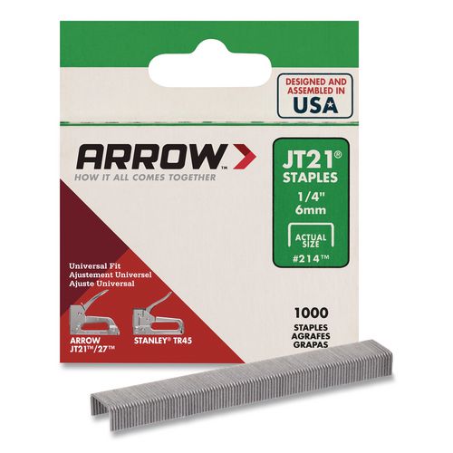 JT21 Standard Staples, 0.25" Leg, 0.44" Crown, Silver, 1,000/Box