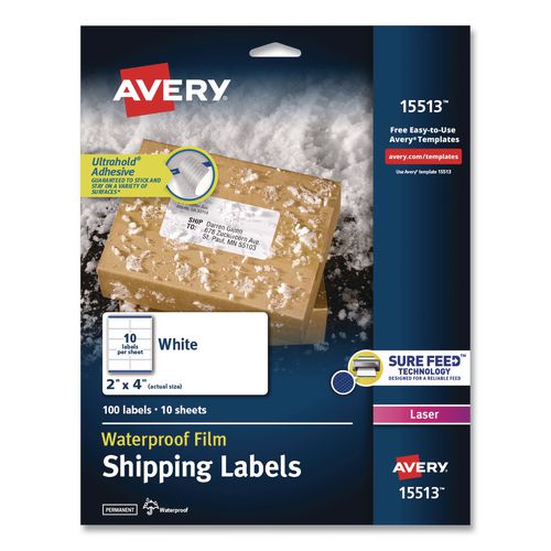 Waterproof Film Address Labels with Sure Feed Technology, Laser Printers, 2 x 4, White, 10 Labels/Sheet, 10 Sheets/Pack